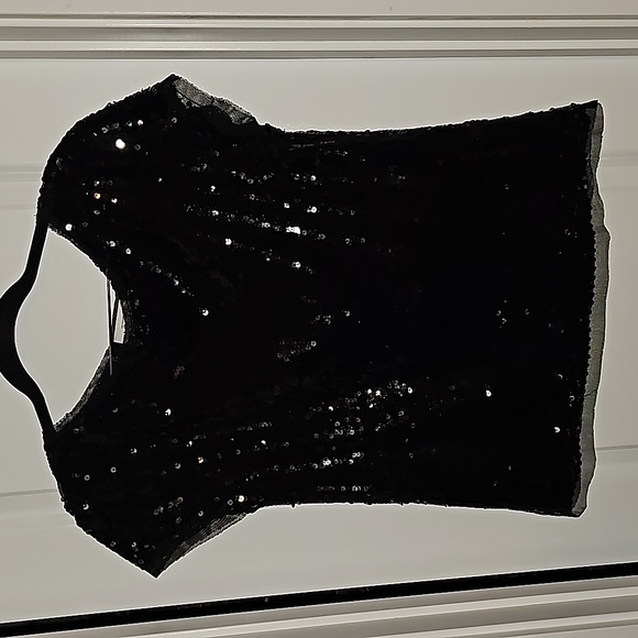 Ann Taylor LOFT Black Gorgeous Shiny Sequin Short Sleeved Top NWOT Size Small - Picture 2 of 9